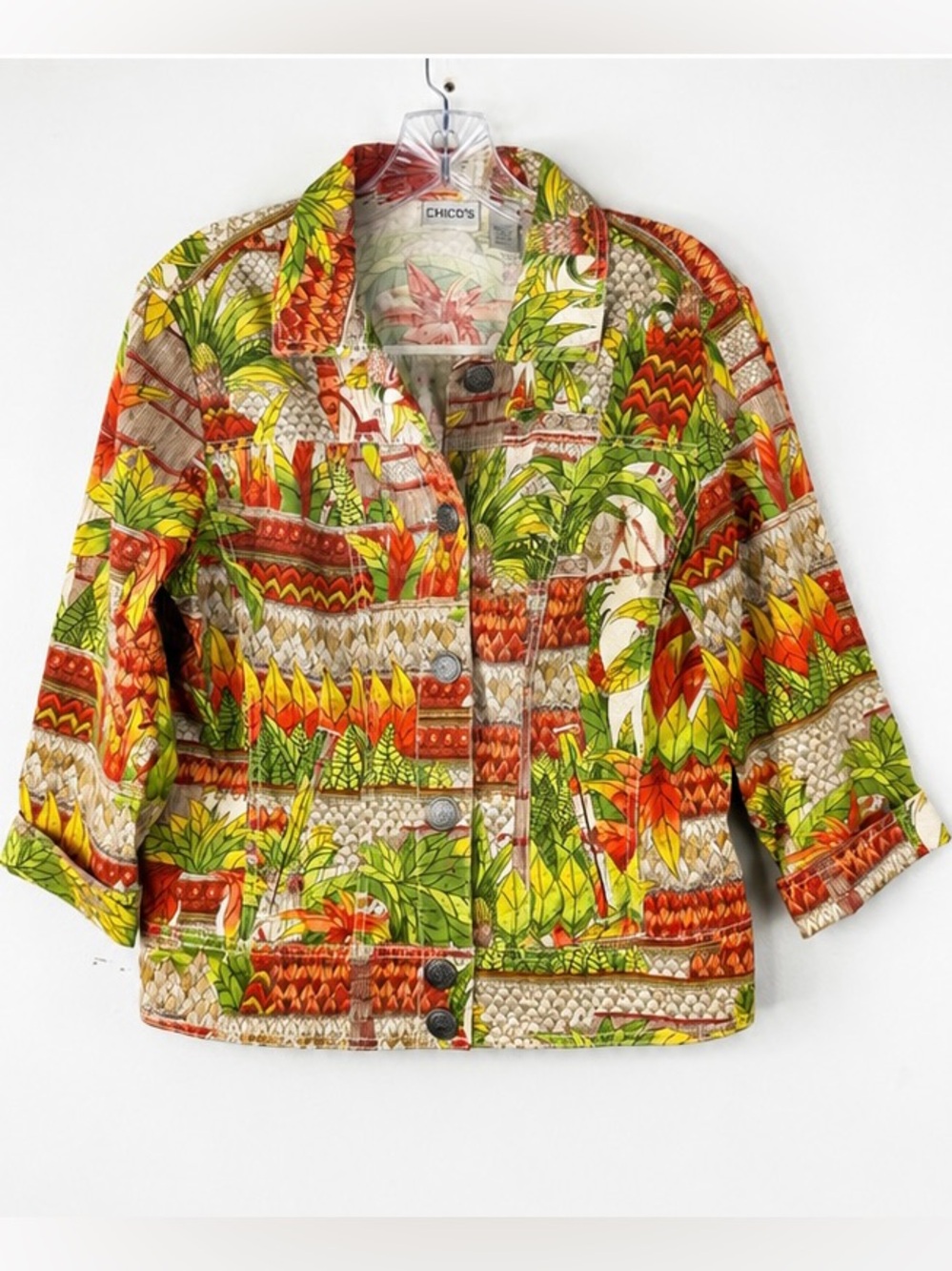 Chico’s Tropical Monkey Print Jacket Size Medium Cotton Stretch Button Front